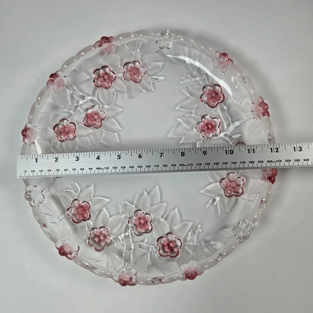 Venezia Collection Platter Fine Crystal 12.5in Pink Clear Floral Embossed Glass